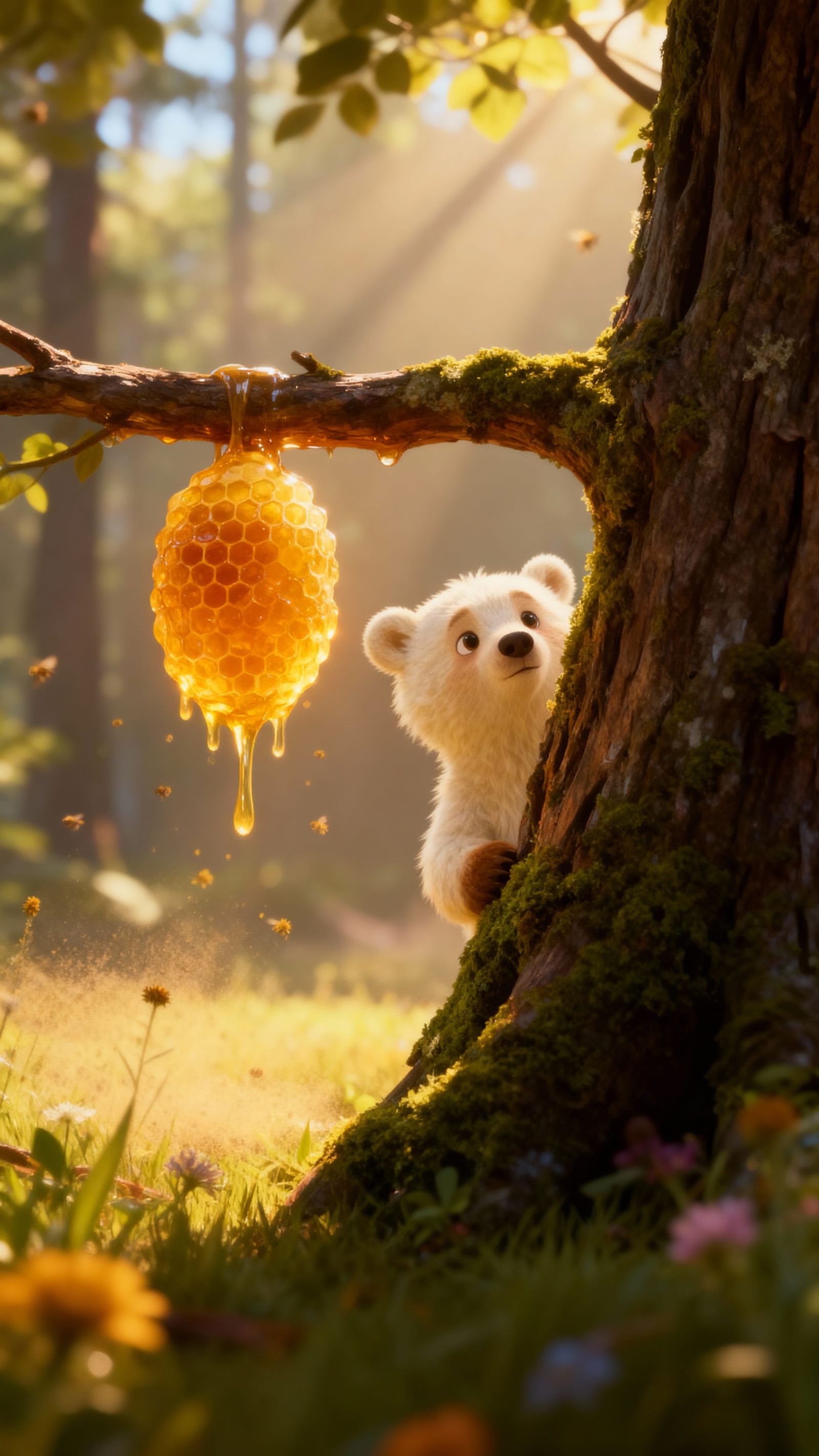 Adorable Baby Bear Cub Peeks from Tree with Honeycomb