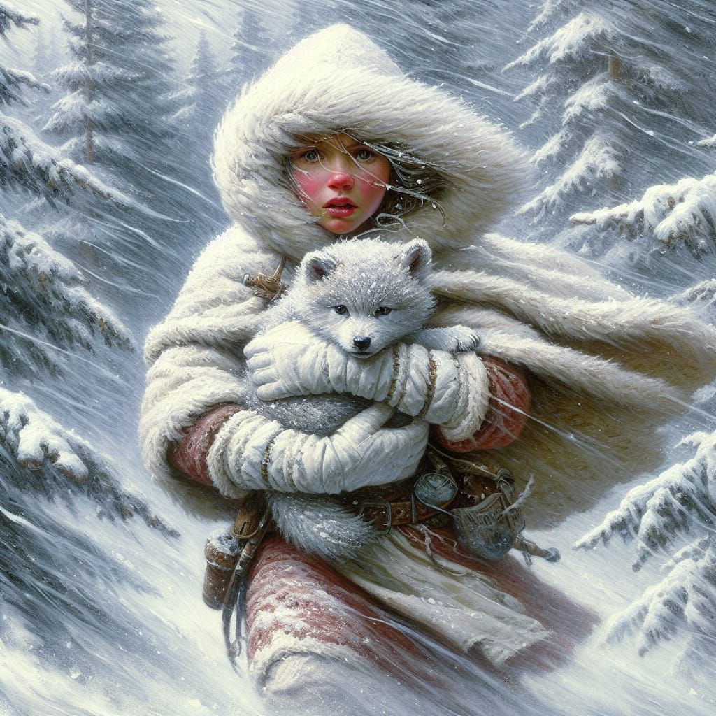 Brave Girl Rescues Wolf Cub in a Blizzard, Romanticism Oil P...