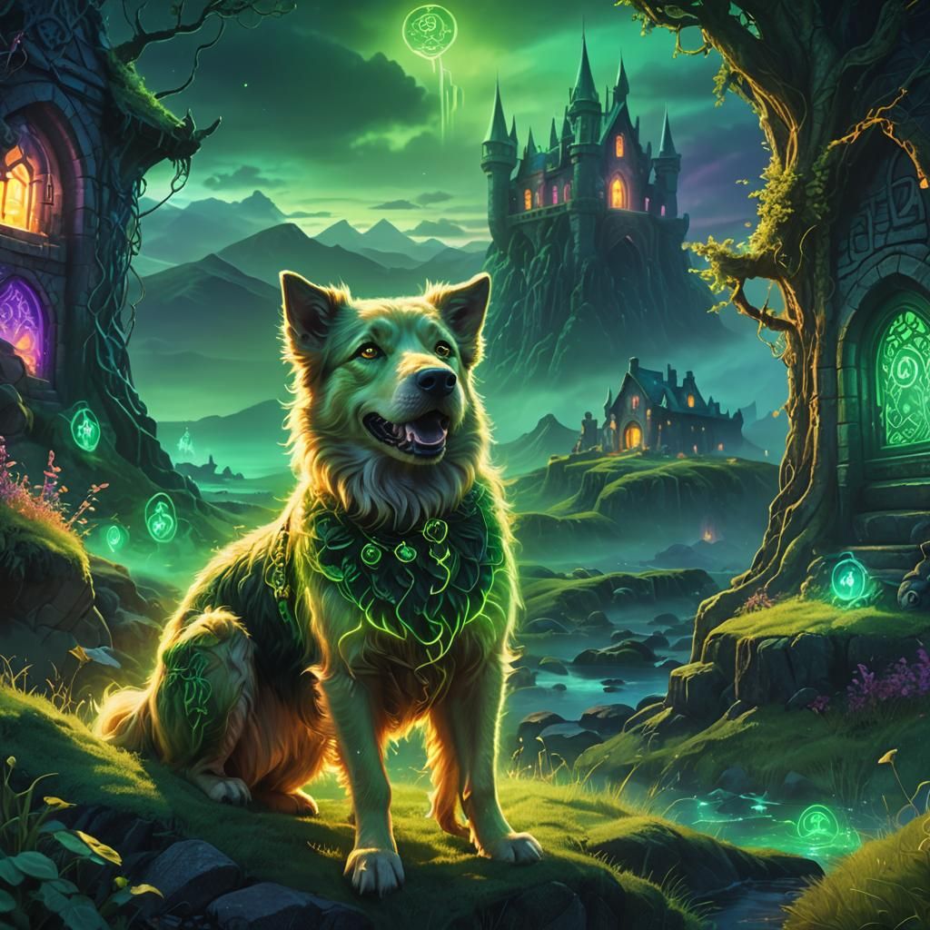 Neon Irish Dog in Emerald Isle Landscape