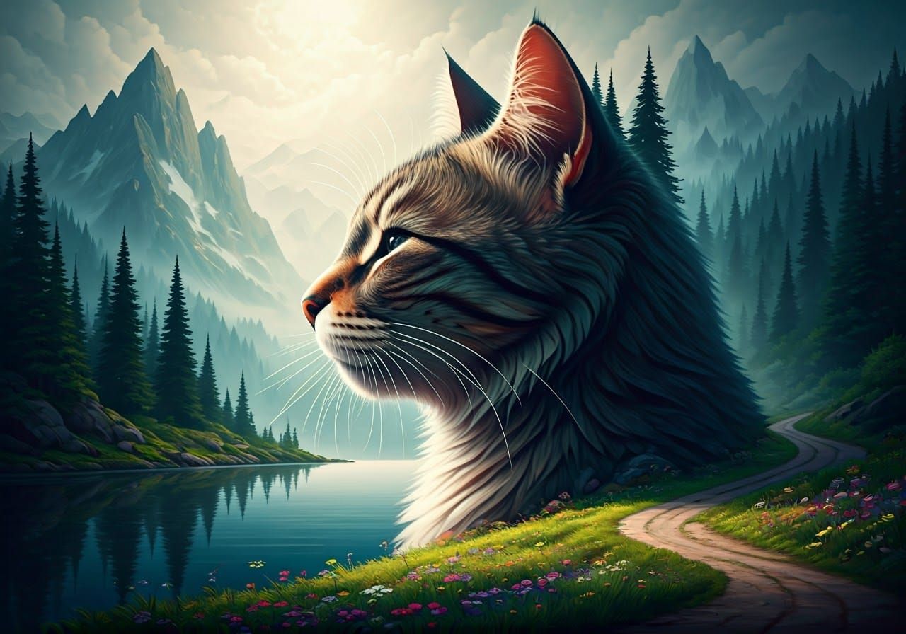 Surreal Cat Dissolves into Misty Mountain Landscape