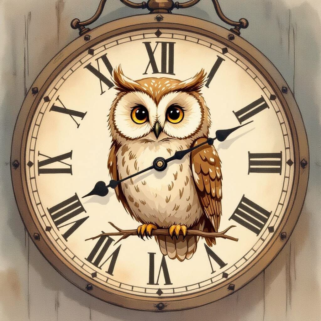 Whimsical Owl on Clock Face in Storybook Style