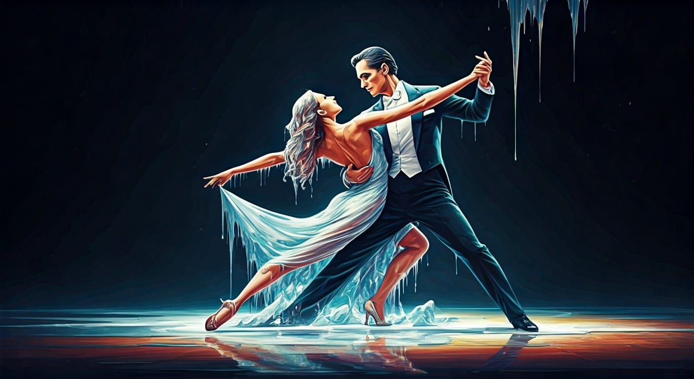 Iridescent Ice Sculpture: Tango Dance in Vibrant Light