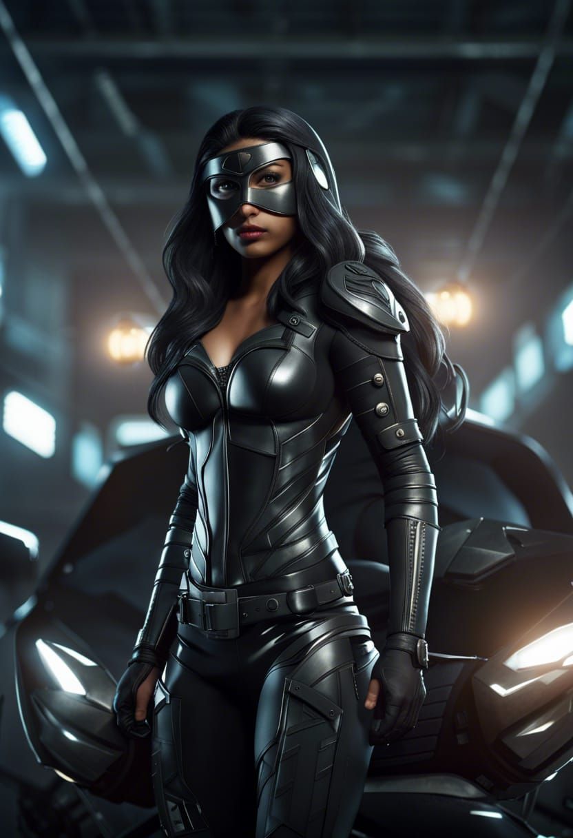 Indian Superheroine in Tactical Armor on Rooftop