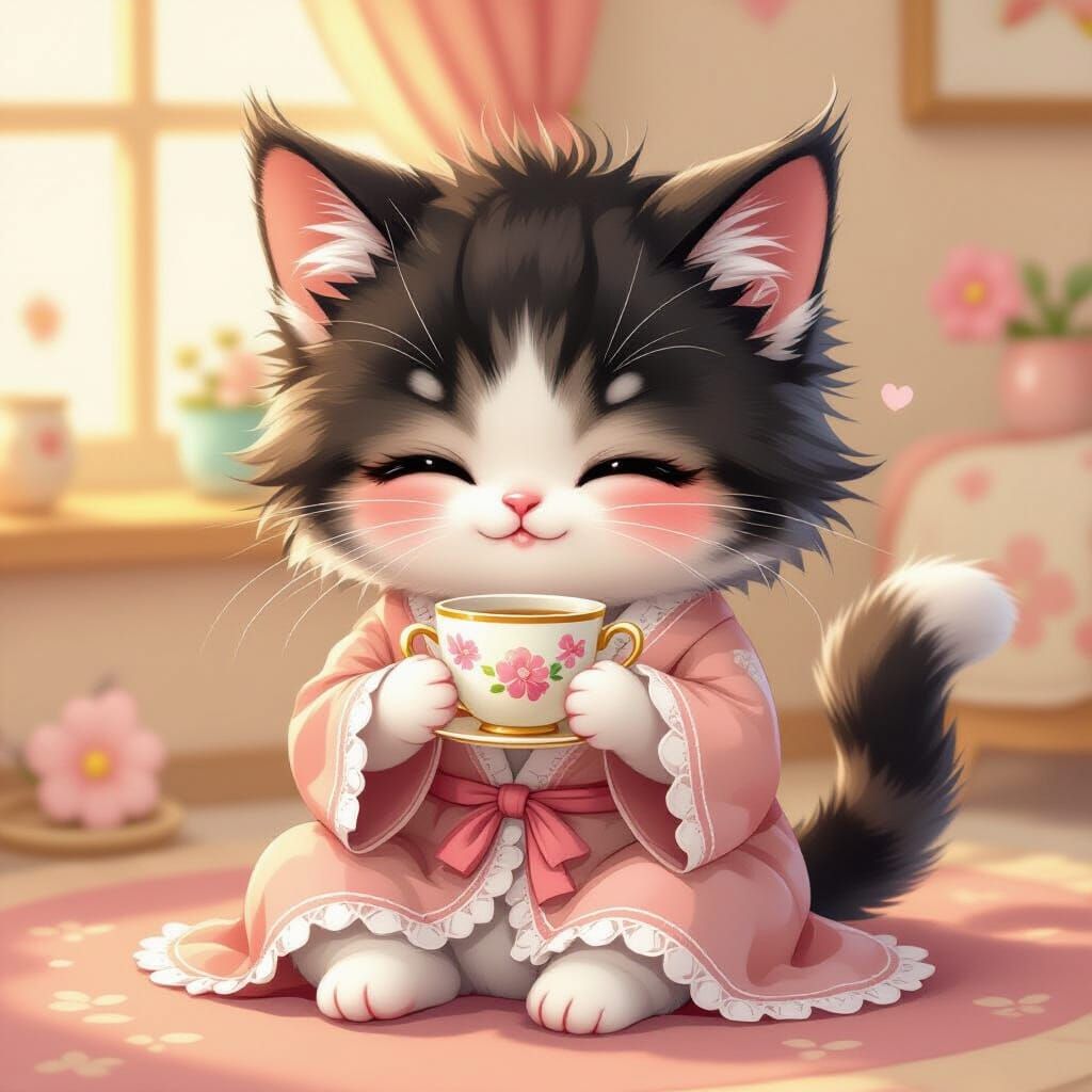 Kawaii Cat with Teacup in Retro Cartoon Style