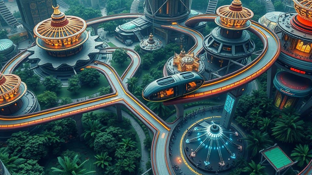 Futuristic Cityscape with Sun-Wheel Districts and Snake Brid...