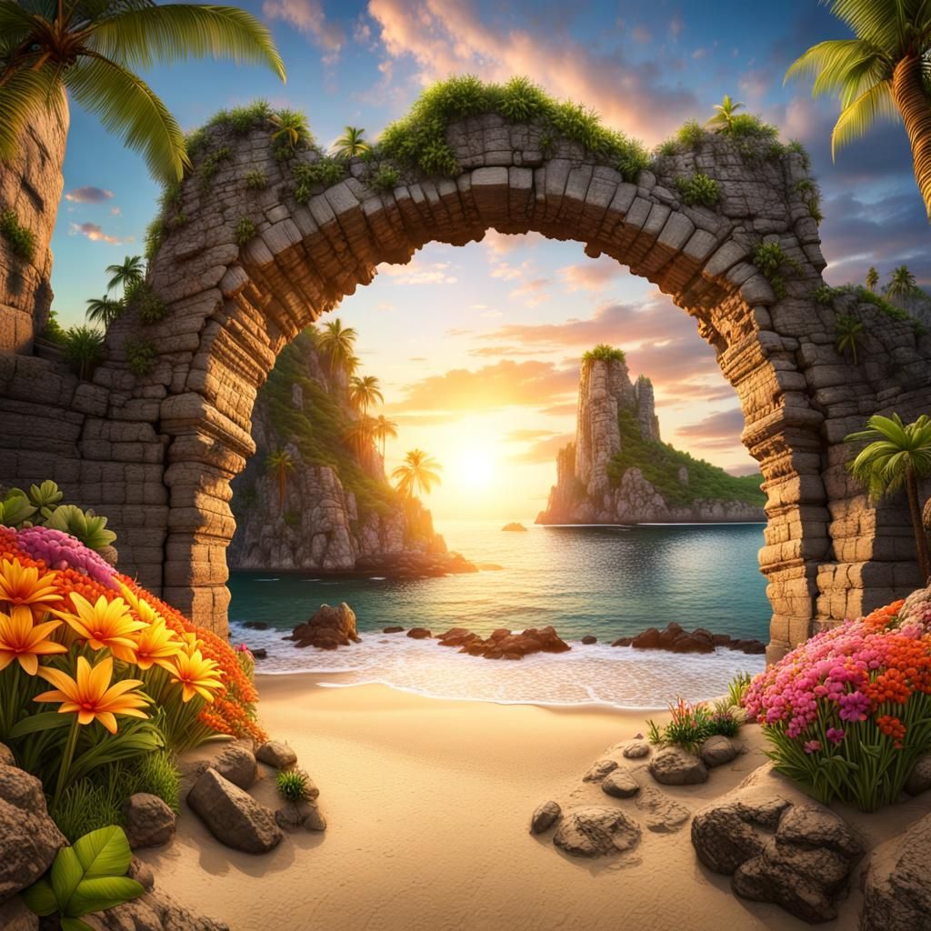Tropical Island Sunset with Ancient Ruins