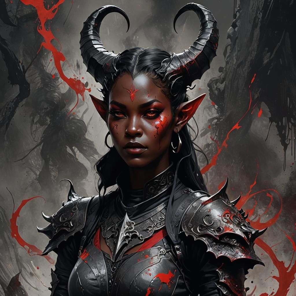 Dark Tiefling Portrait in Splash Art Style