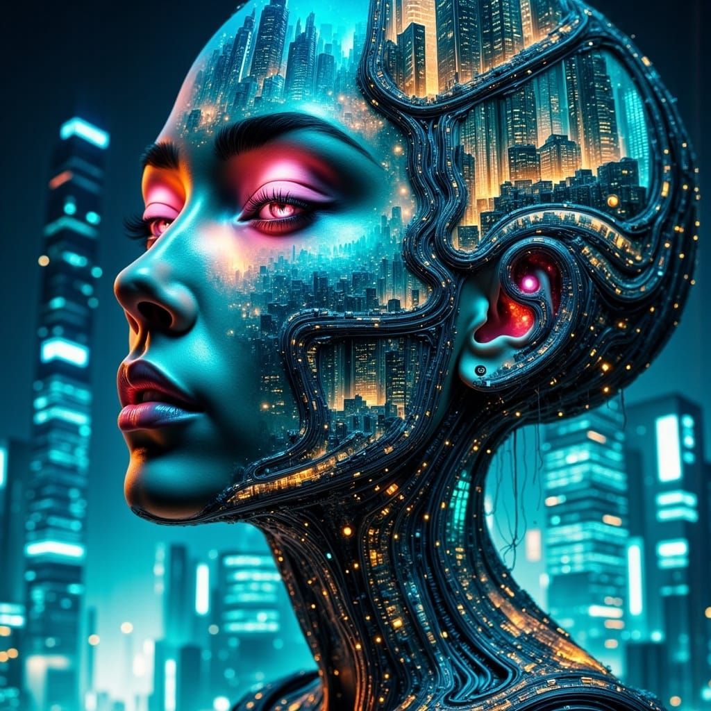 Cyberpunk Woman Face with Glowing Circuits