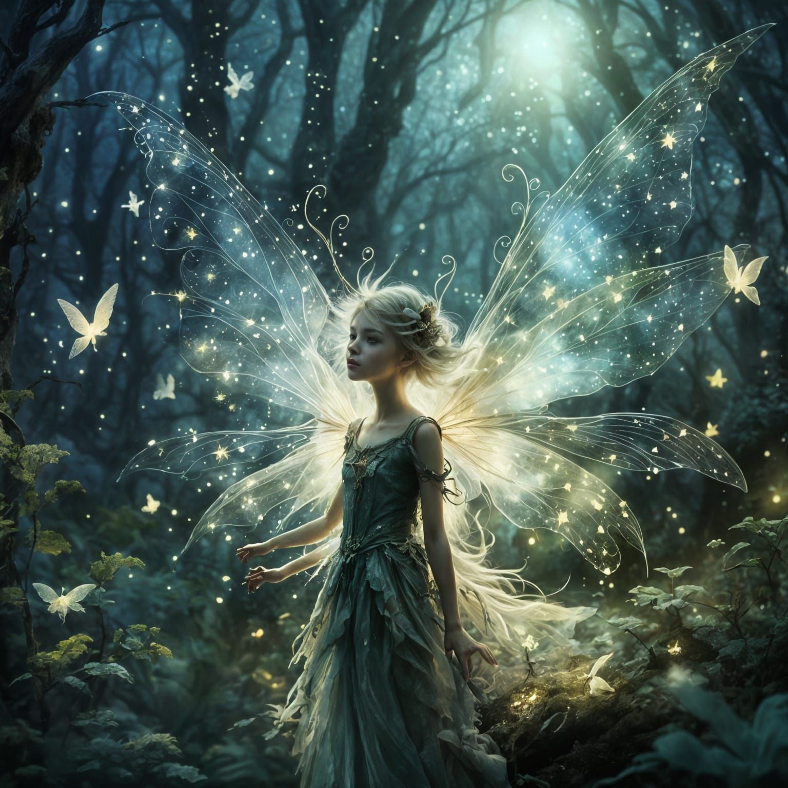 Whimsical Moon Portrait of a Cute Fairy