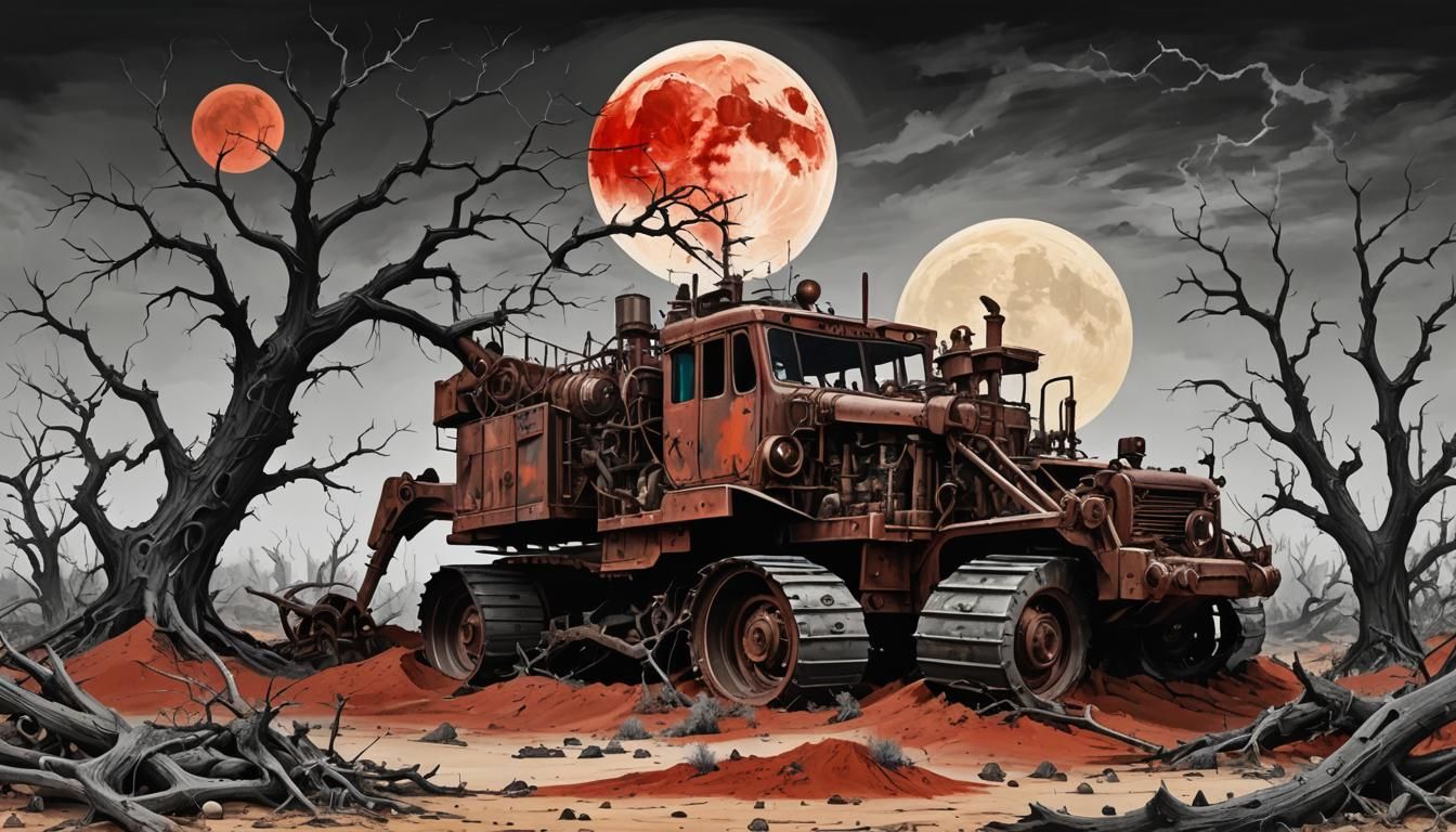generate surrealist painting from Enrst. rusty and broken steampunk bulldozer abandoned in the desert overgrown with lus...