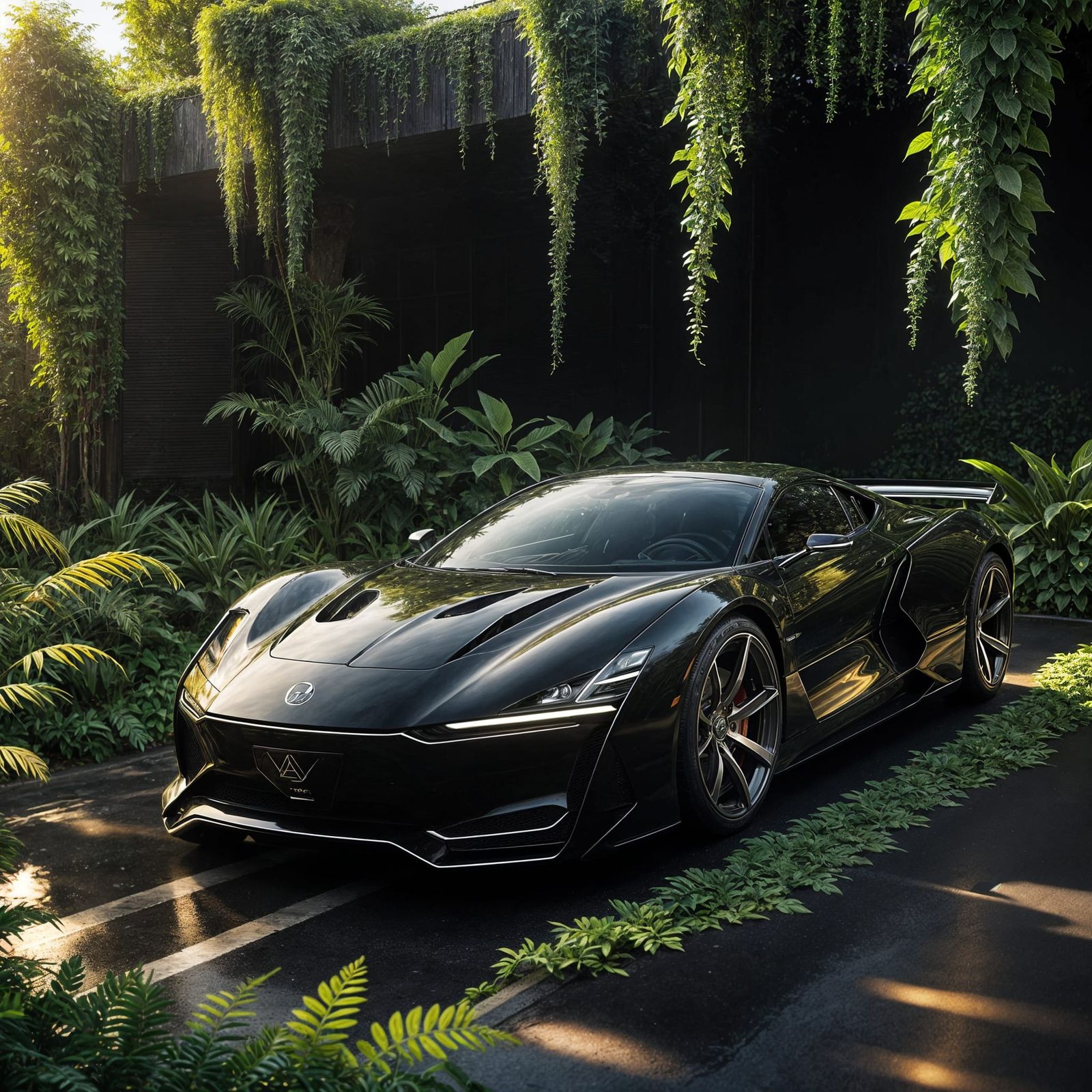 Futuristic Supercar Surrounded by Plants