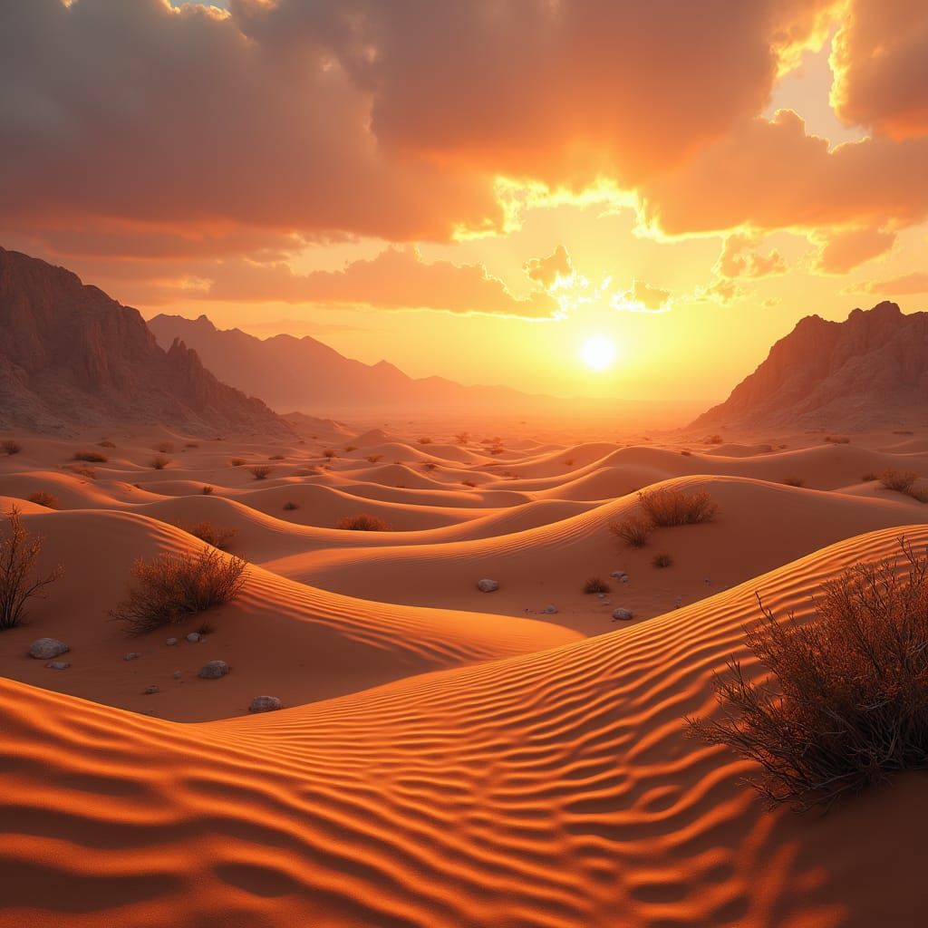 Golden Sunset Over Rolling Desert Dunes