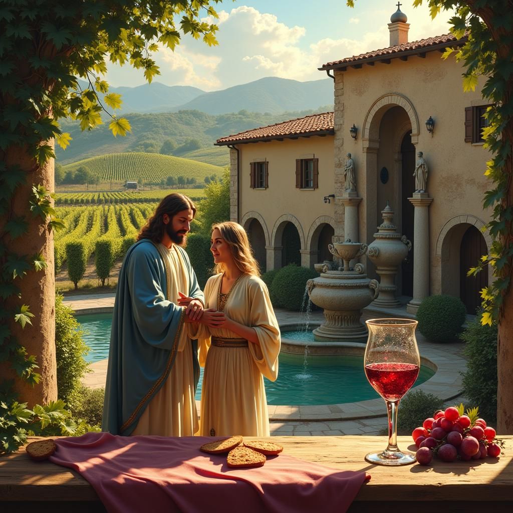 Jesus and Mary in Renaissance Vineyard Scene