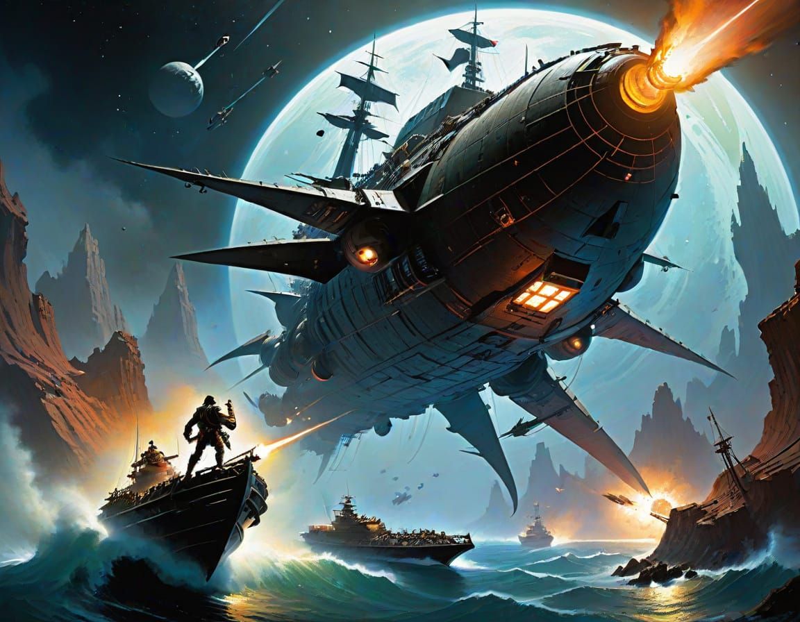 Space Pirate Attack in Fantasy Art Style