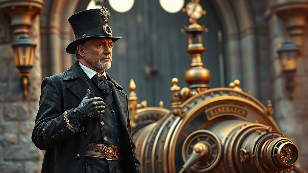Steampunk Time Machine with Victorian Pilot: 3D Hyperrealism