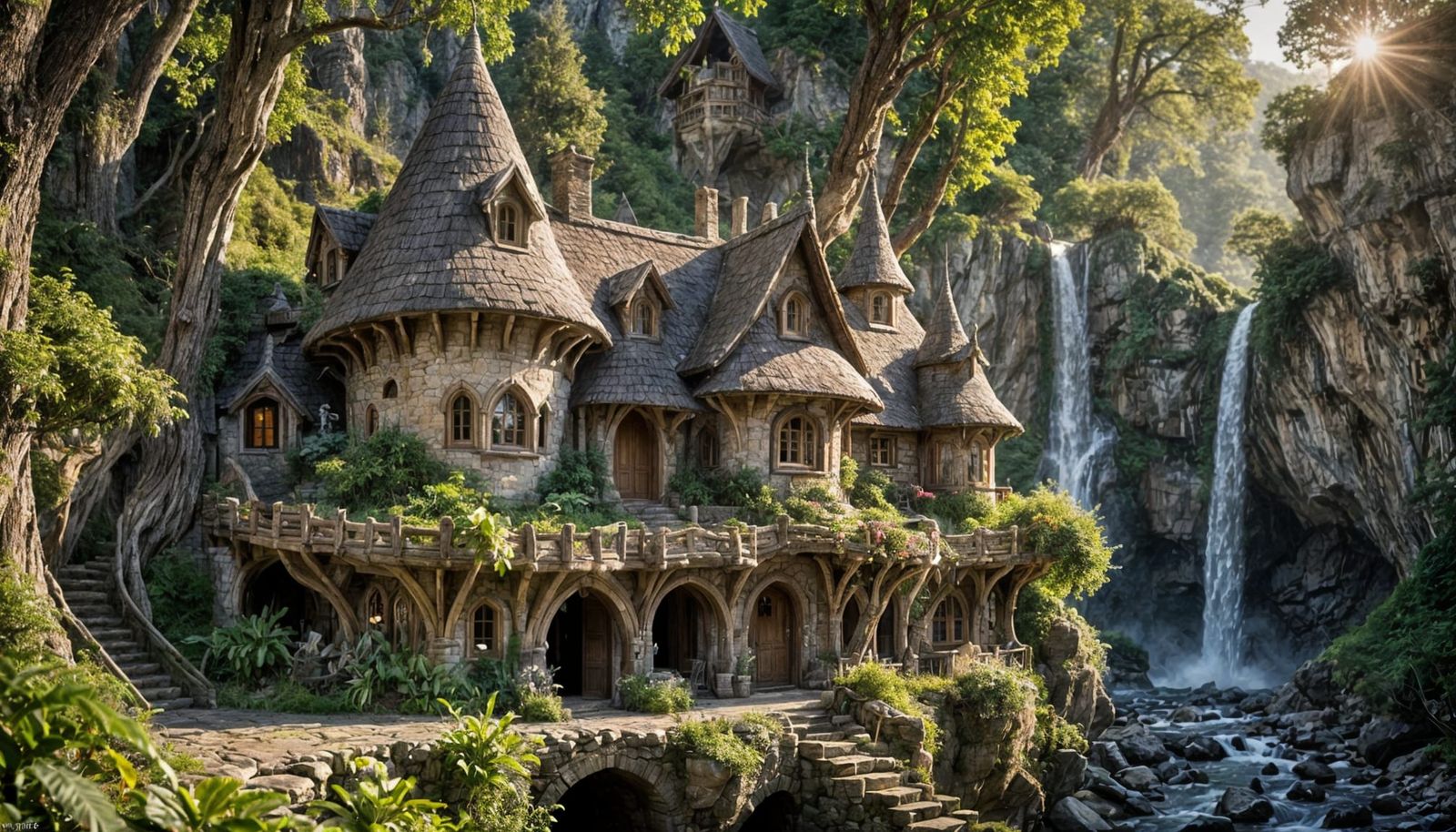 Fairytale Elven House by Waterfall in Natural Light