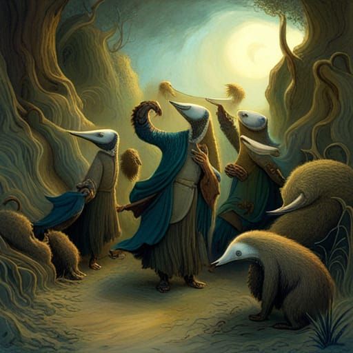 Dancing Anteaters in Dark Gothic Horror Style