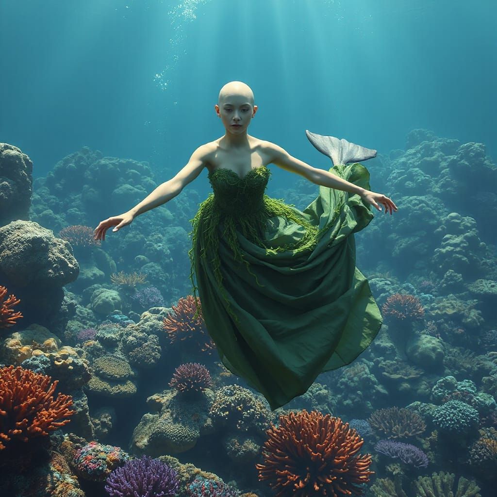 Human-Dolphin Hybrid Swimming Over Coral Reef