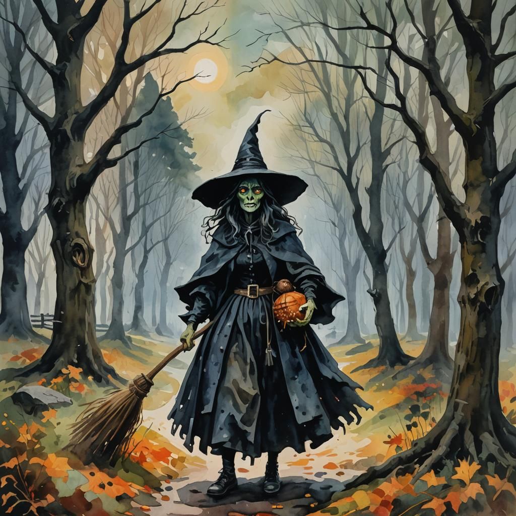 Creepy New England Witch as Gouache Painting