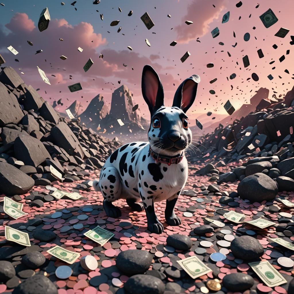 Black Rabbit and Dalmatian in Dystopian Landscape