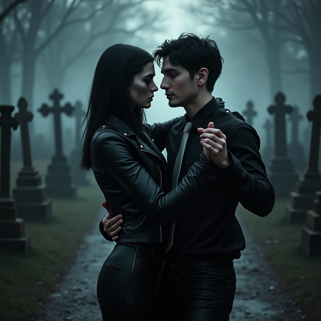 Hyper Realistic Woman Dancing in a Misty Graveyard