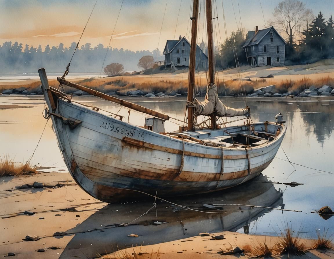 Abandoned Sailboat in Watercolor with Golden Hour Glow