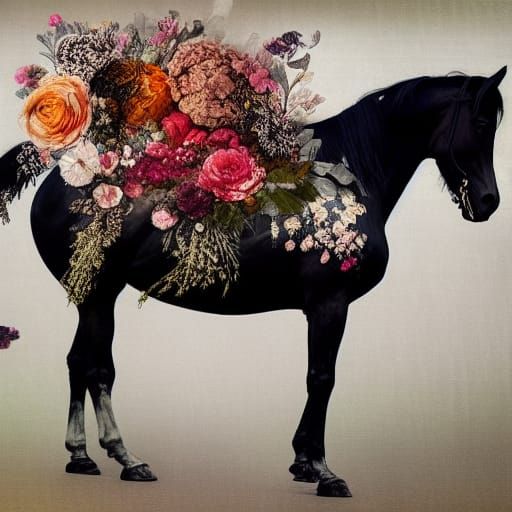 Floral Horse Hyper-Collage in Panoramic Style