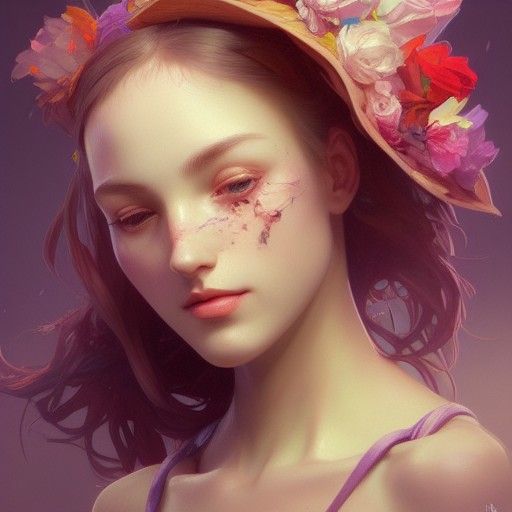 Girl with Flower Hat Portrait in Art Nouveau Style