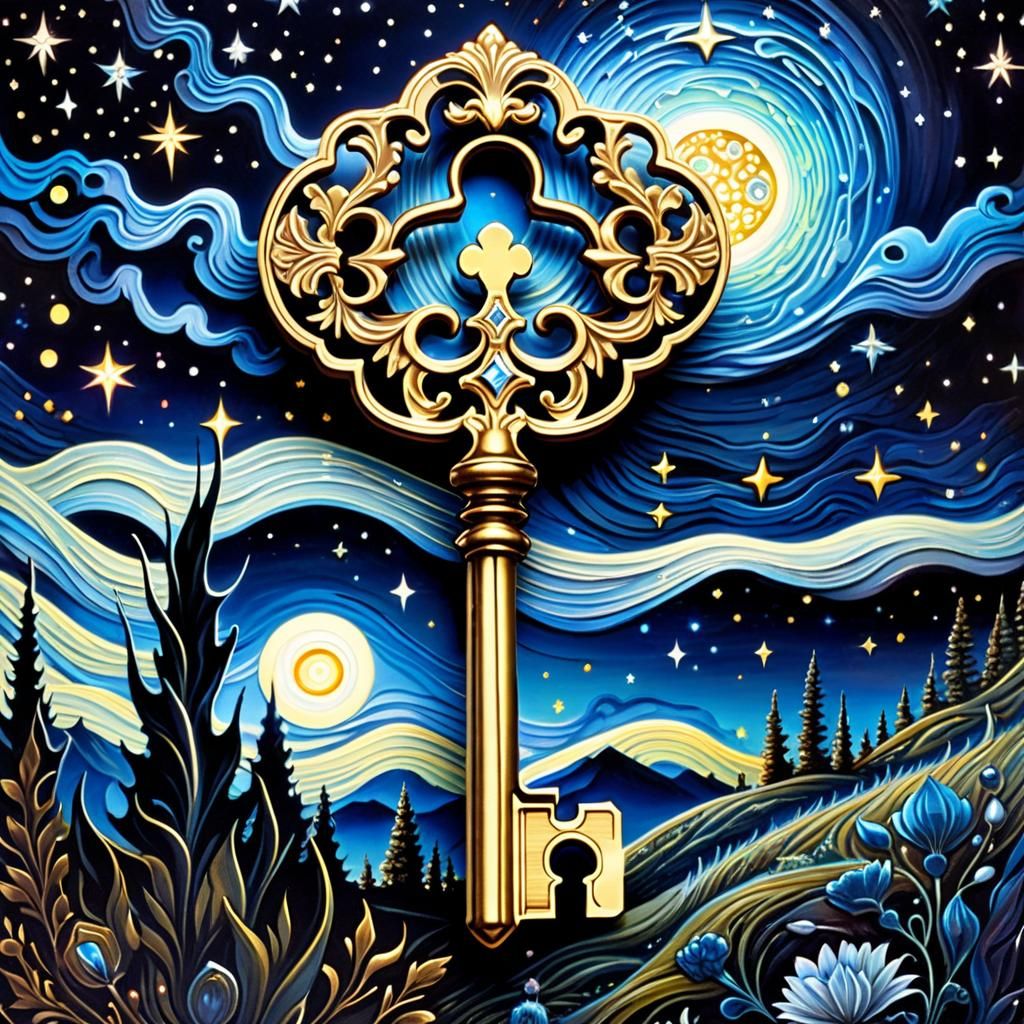 Ornate Key with Iridescent Cosmos in Alcohol-Ink Style