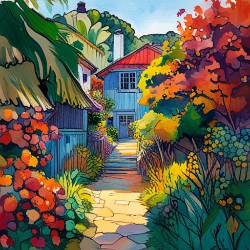 Beautiful Garden in Flowing Gouache Style