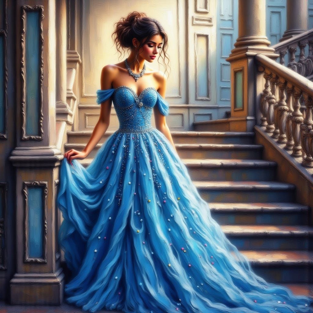 Young Woman in Sparkling Blue Prom Dress on Grand Staircase