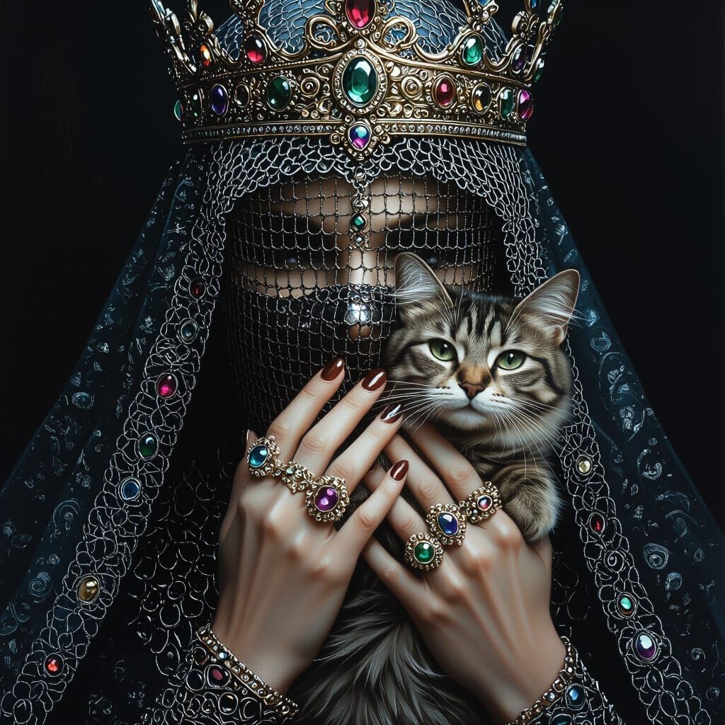 Regal Figure with Jeweled Crown and Cat