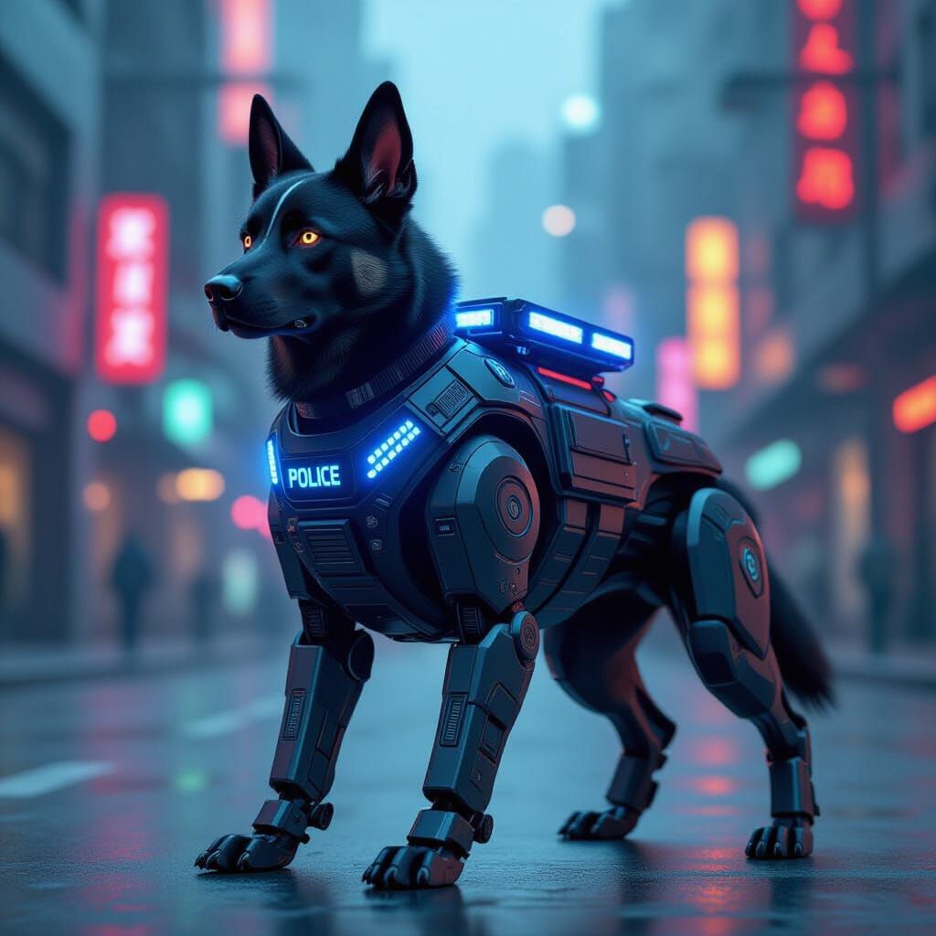 Futuristic Robot Police Dog in Neon Cityscape