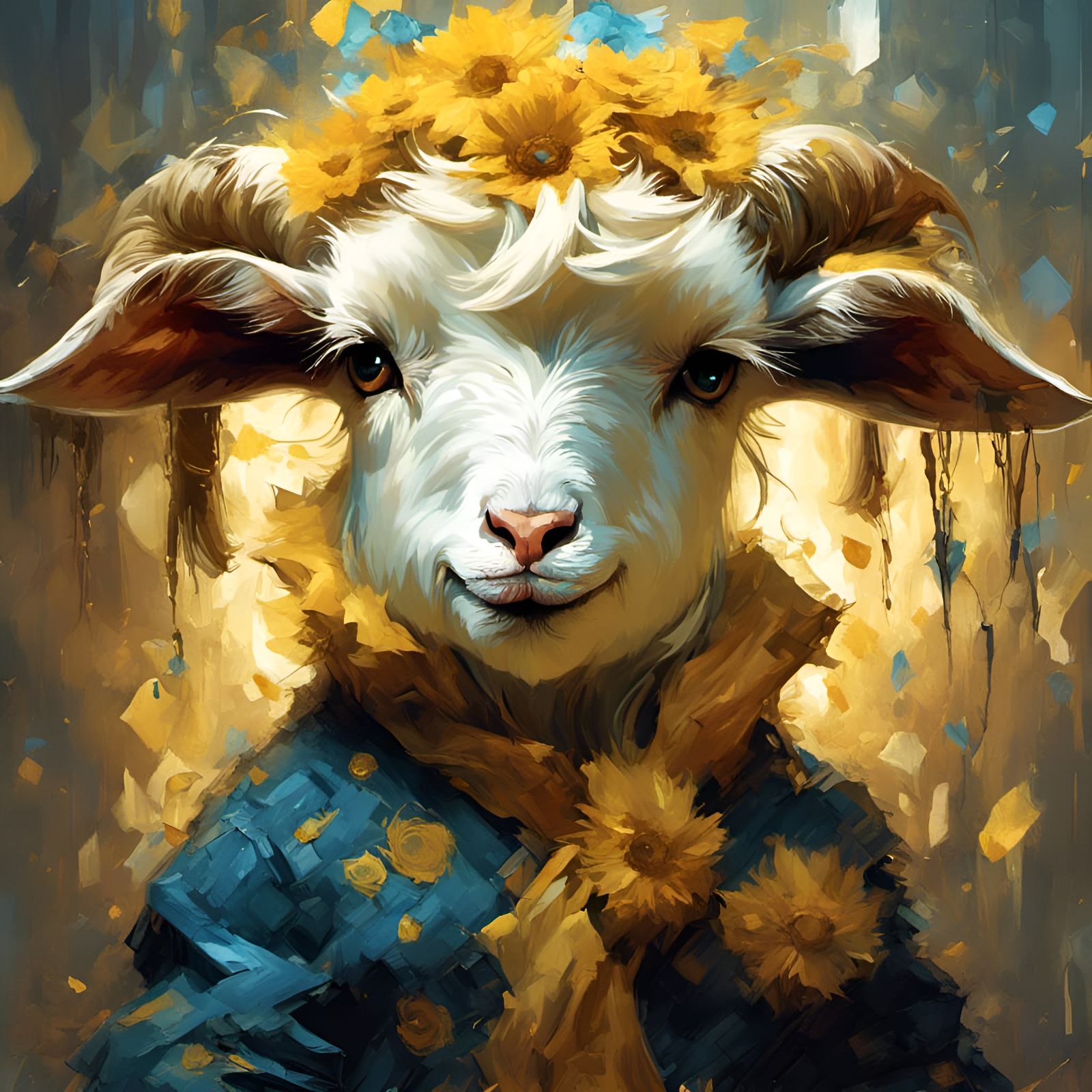 Chibi Goat as Van Gogh, Detailed Digital Art