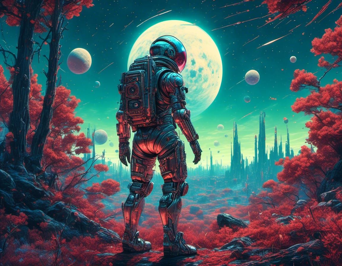 Victorian Cyborg Astronaut on Forest Planet