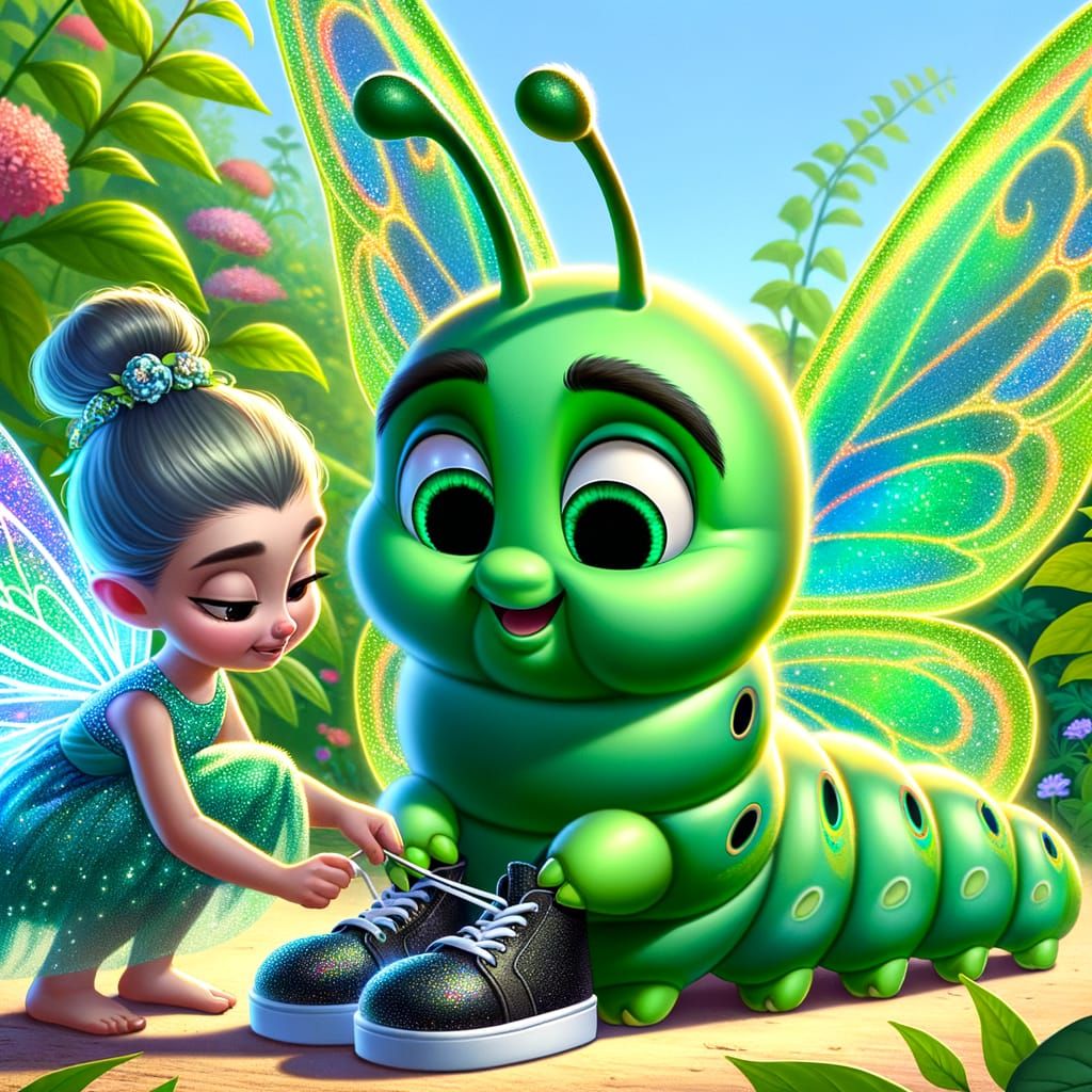 Vibrant Caterpillar's Shoes Tied by Gentle Fairy Friend in S...