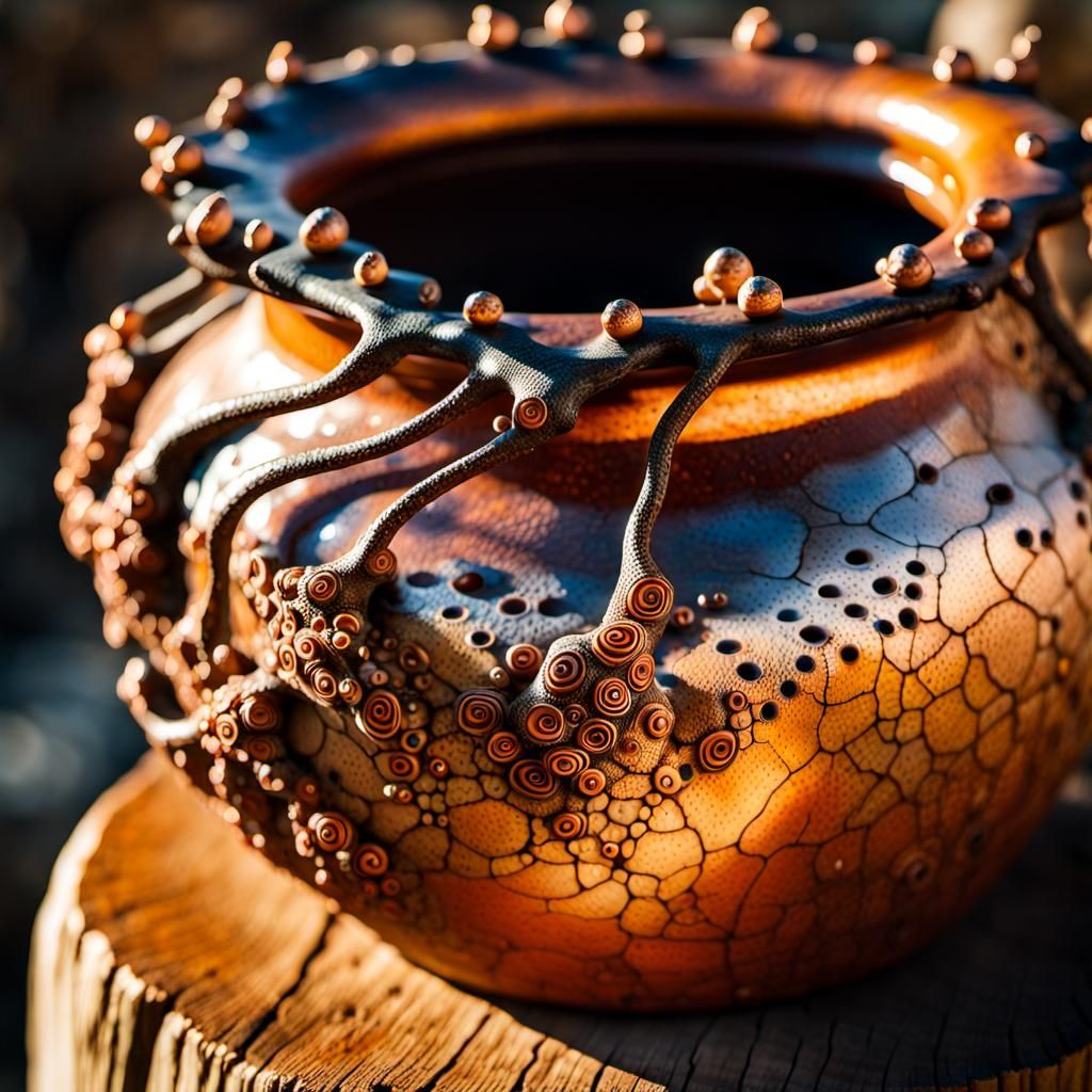 Whimsical Raku Pottery with Copper Wire Symbols