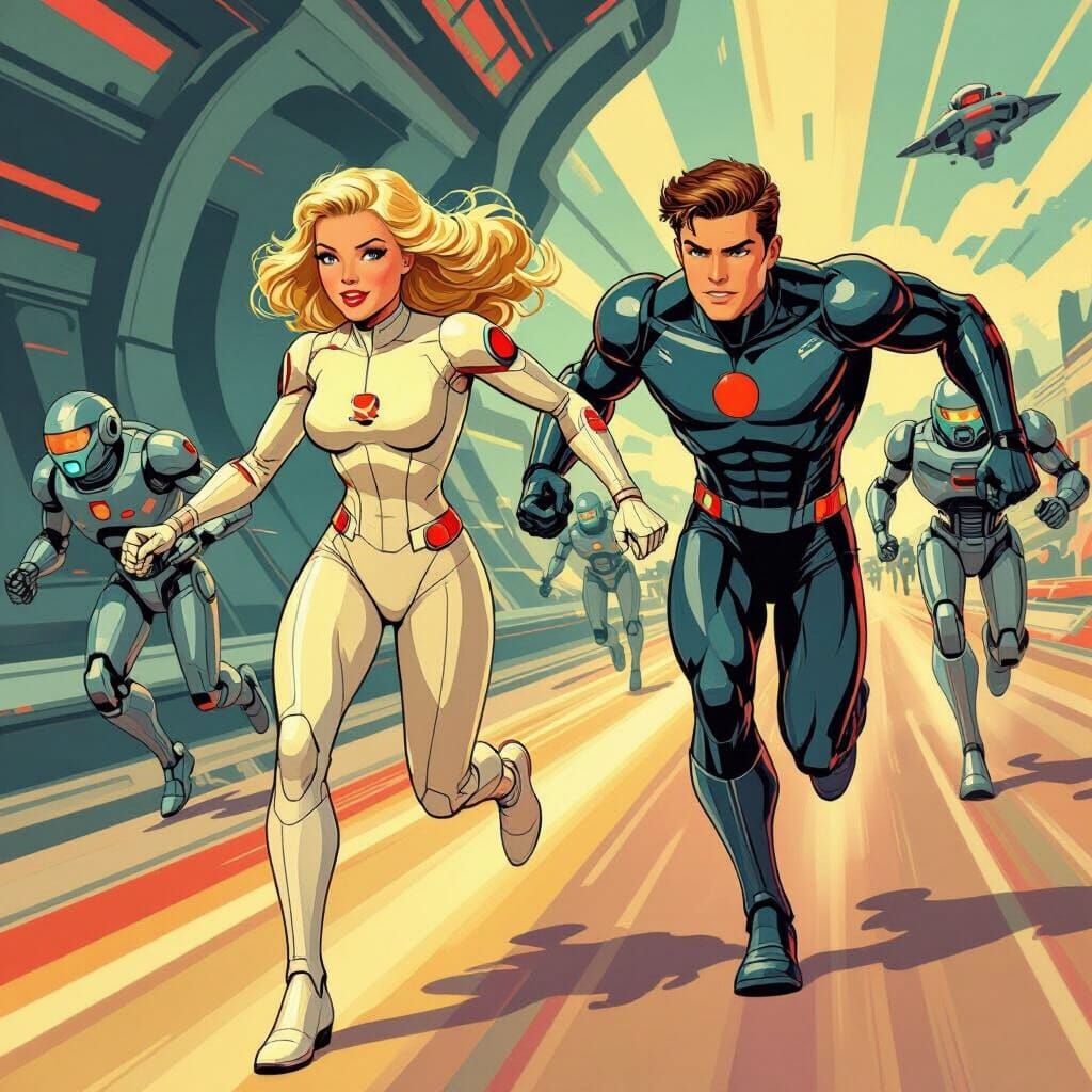 Blonde Girl and Boy Running from Robots in Retro-Futuristic ...