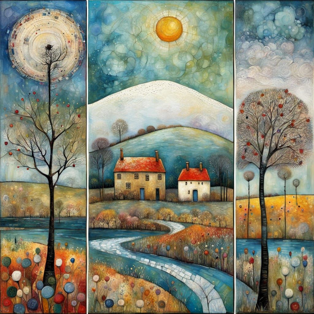 Summer and Winter Dyptich Encaustic Painting