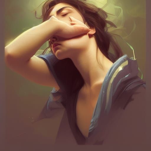 Happy Brunet College Student Asleep: Digital Art Portrait