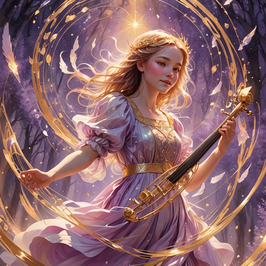 Angelic Girl Plays Luminous Lyre in Celestial Realm
