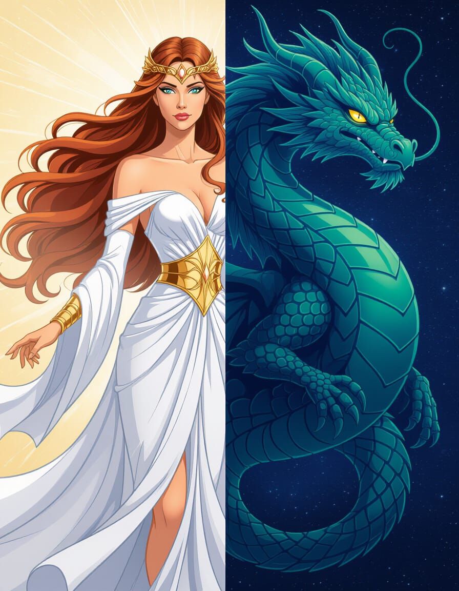 Goddess and Dragon: A Marvel Comics Style Split Image