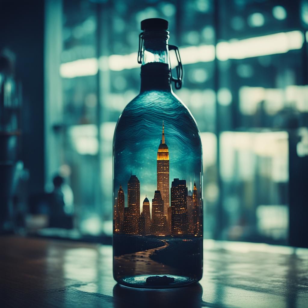 New York Cityscape Inside a Bottle: Cinematic Still