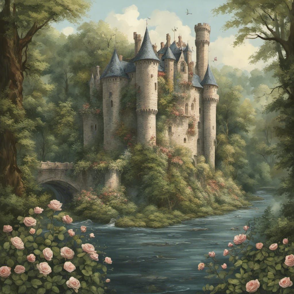 Overgrown Medieval Castle in Forest With River
