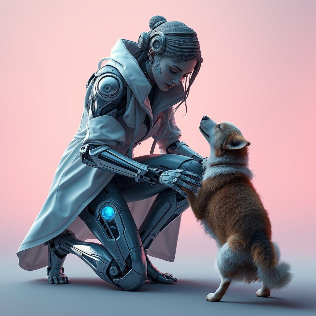 Cyborg Woman Tenderly Pets a Furry Friend in a Fantastical L...