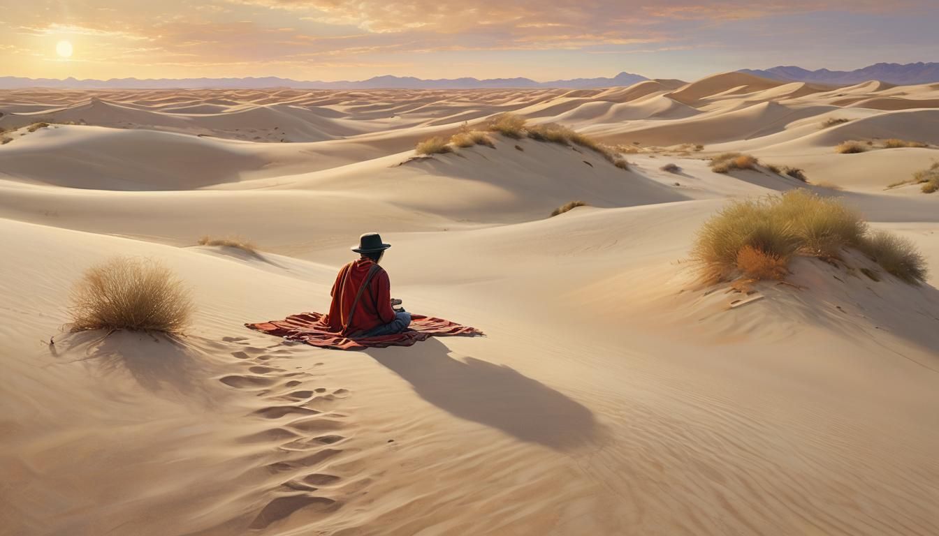 Desert Meditation: Vibrant Oil Painting at Golden Hour