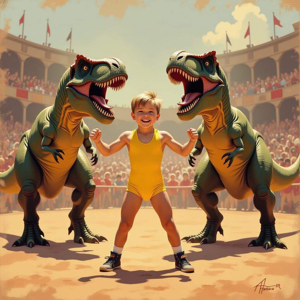 Boy Jindra Between Roaring T-Rexes on Vintage Poster