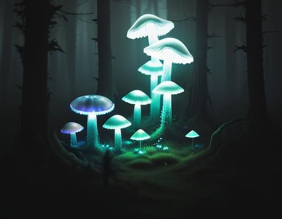 Glowing Jellyfish Among Toadstools in Mystical Forest