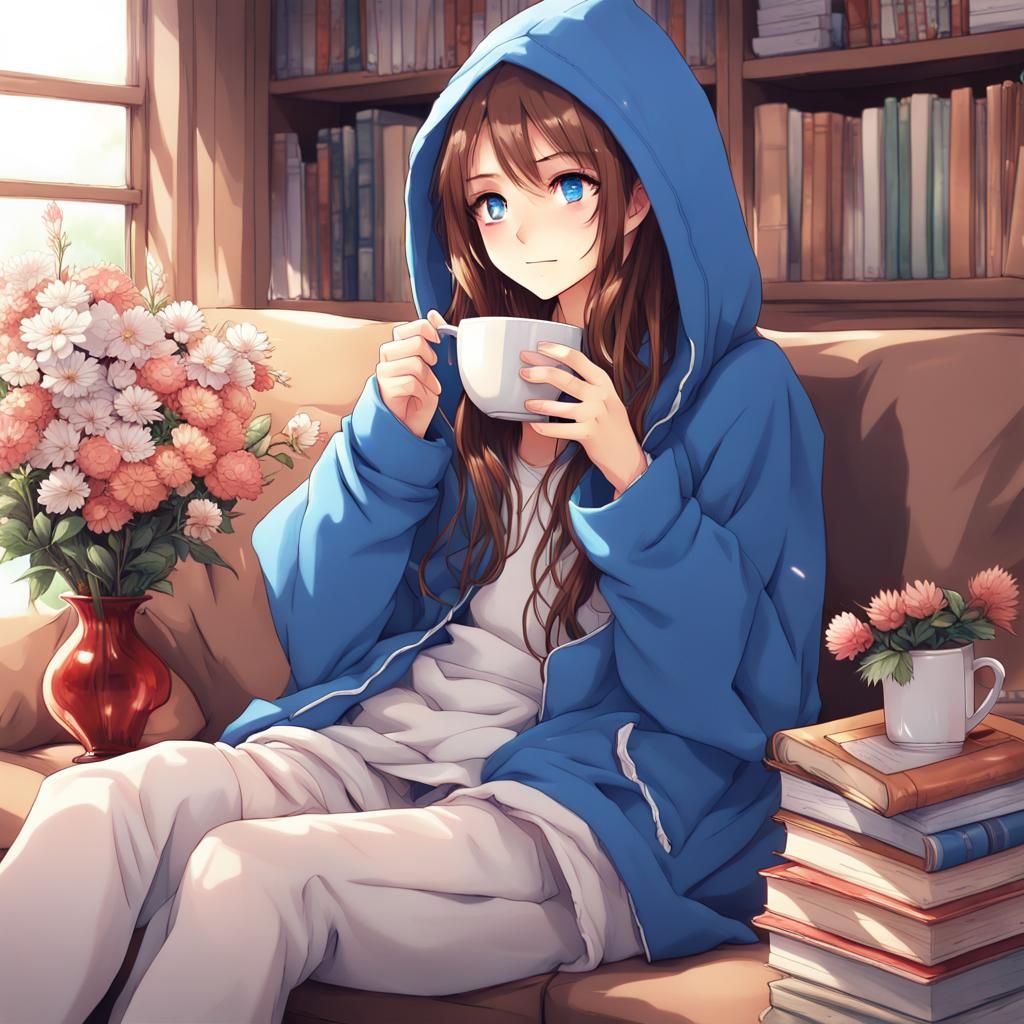 Anime Girl with Hot Chocolate and Books