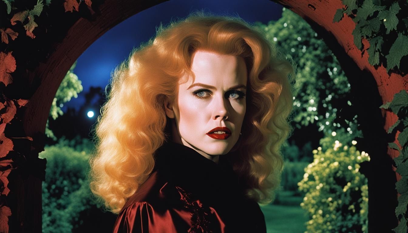 Vampire in Garden: A Photorealistic 1980s Flash Photograph